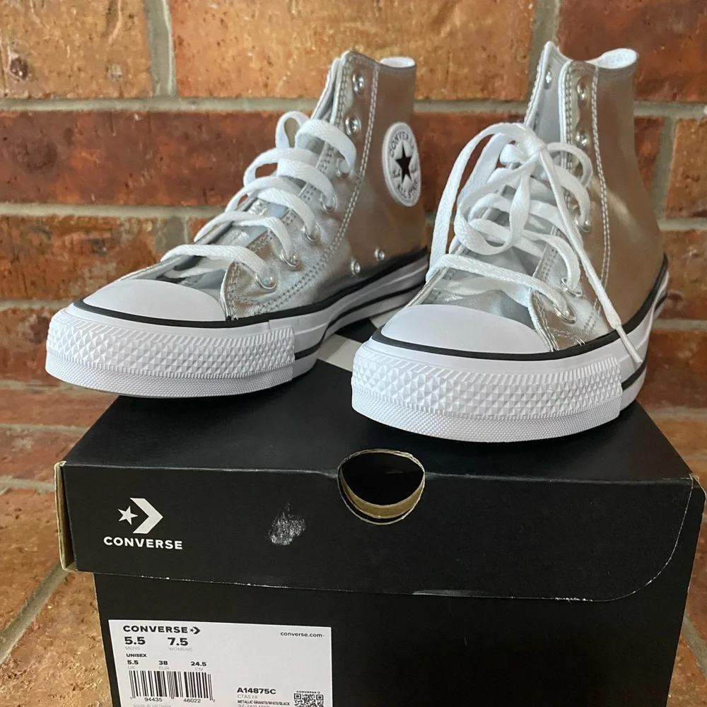 Converse Silver High Top Sneakers with White Soles - Picture 1 of 6